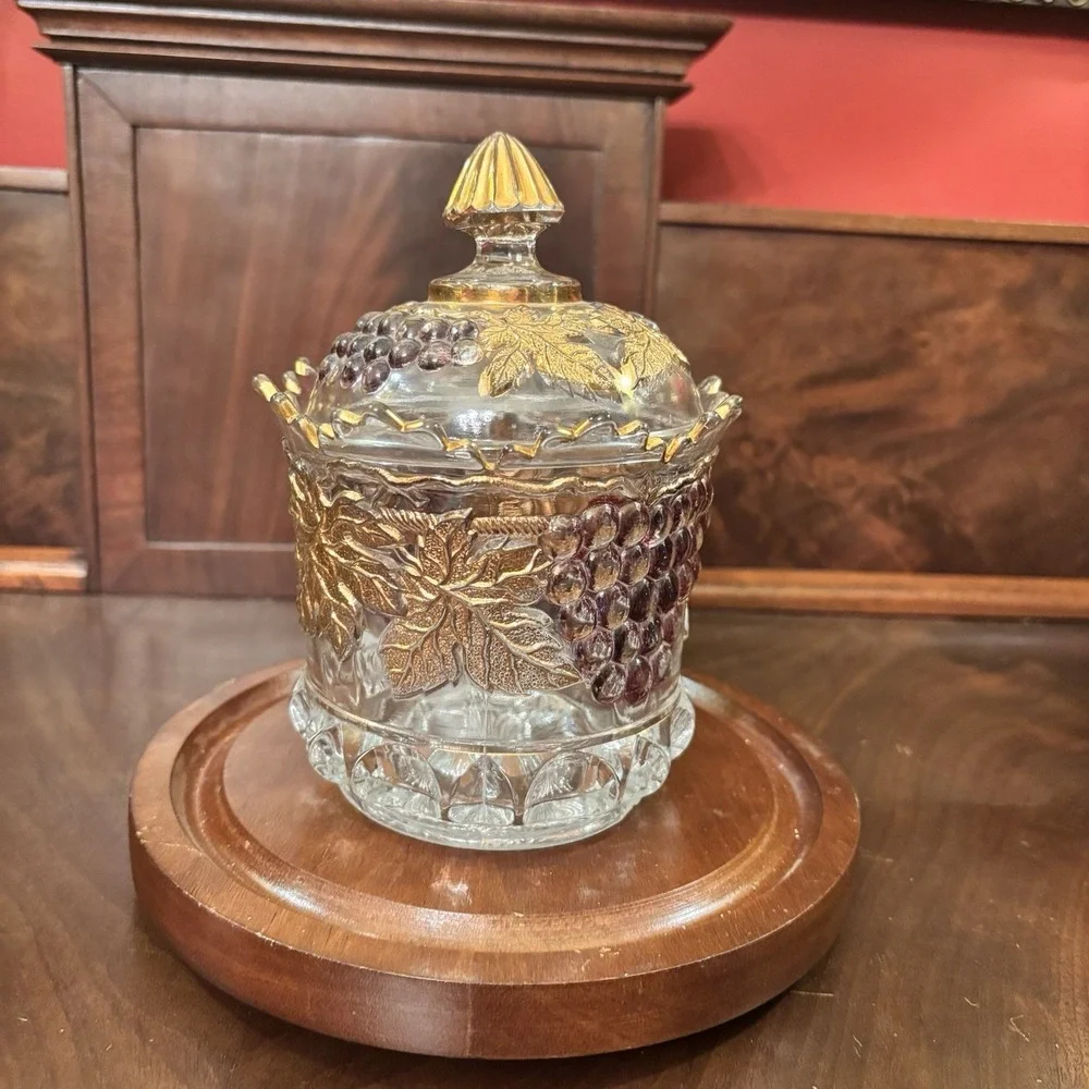 Vintage Mosser Glass Grape Covered Sugar Bowl Purple Grapes Gold Trim Candy Dish